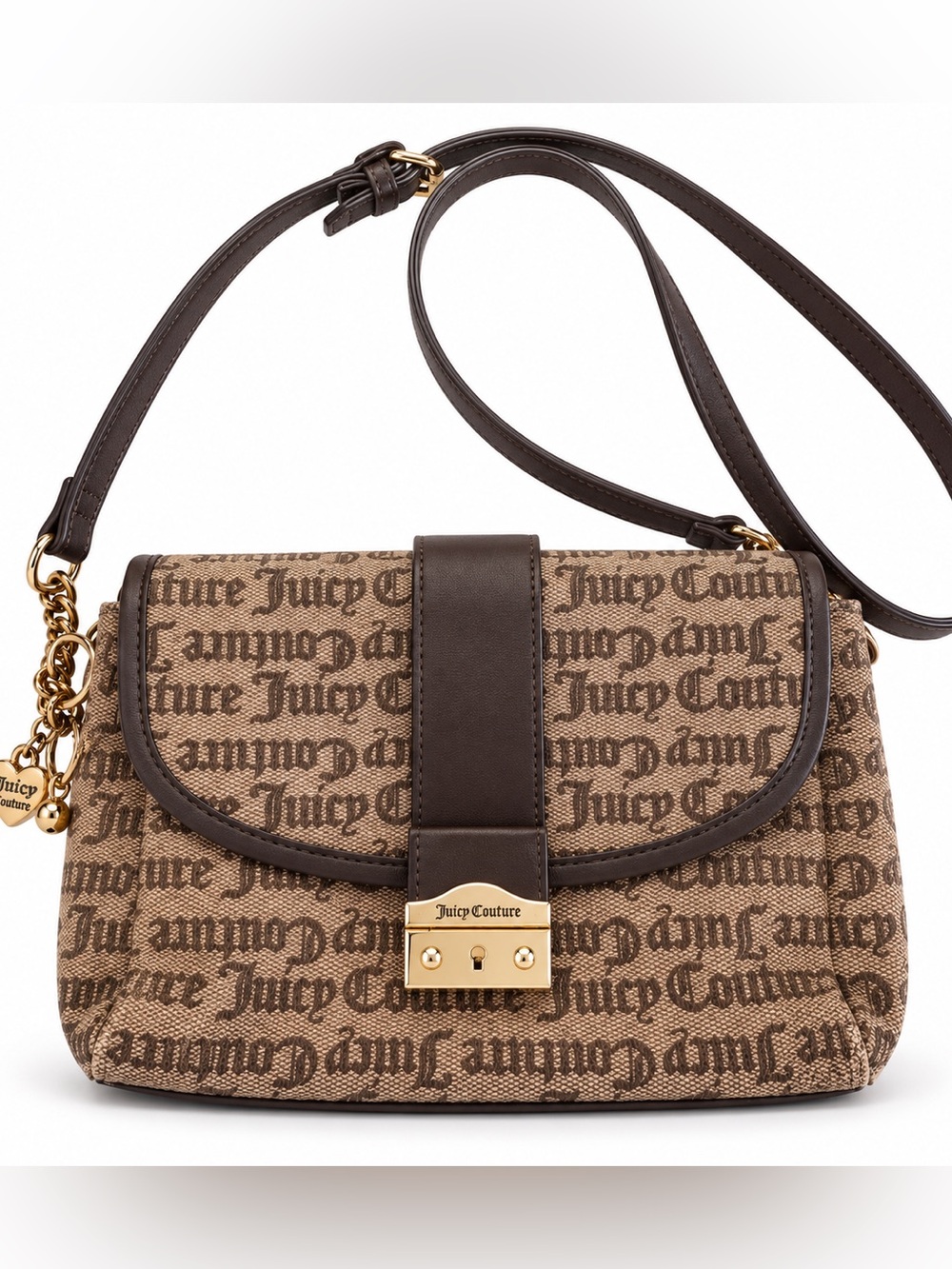 Juicy Couture Pop That Lock Monogram Crossbody Bag Brown Black Gold Y2K
